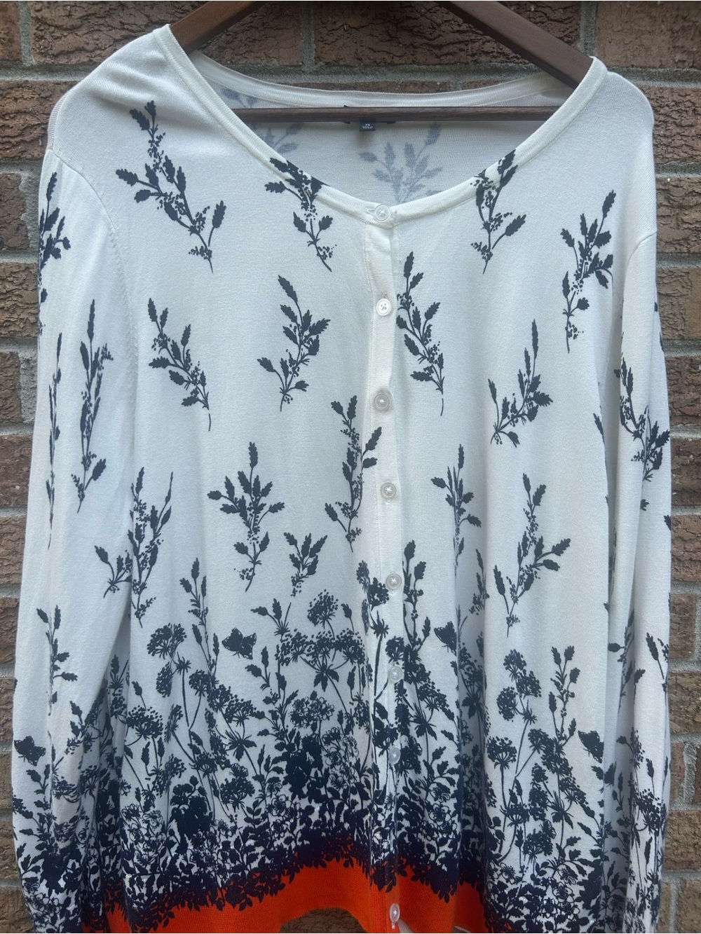 Talbots Cream Button-Front Floral Cardigan with Navy Print and Orange Hem 3X